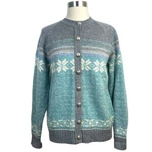 Vintage Wool Blend‎ Knit Nordic Snowflake Cardigan Sweater With Silver Buttons L